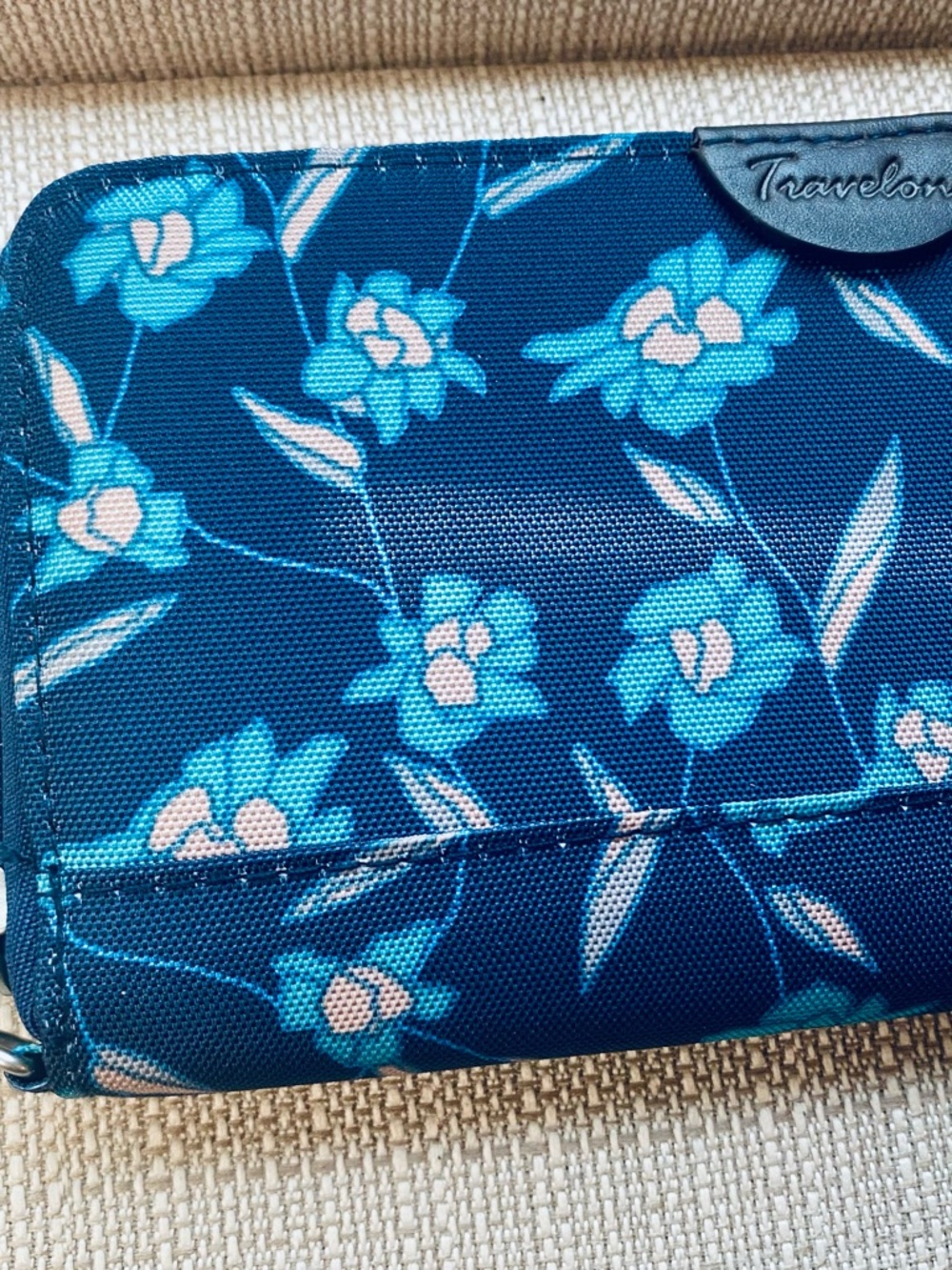 Travelon Teal Floral Zip Wallet on Navy - Picture 6 of 7